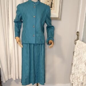 Vintage 80s Carlisle Suit Teal Wool Jacket Blazer Skirt Set Career Wear SZ 10